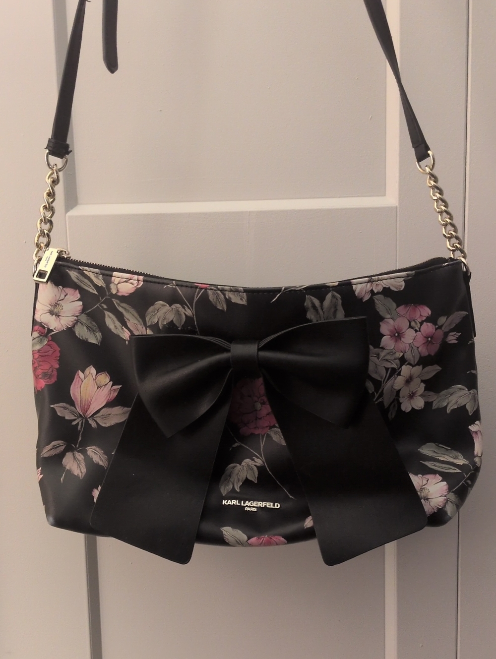 Karl Lagerfeld Black Floral Bow Crossbody /Shoulder Bag with Pink Accents